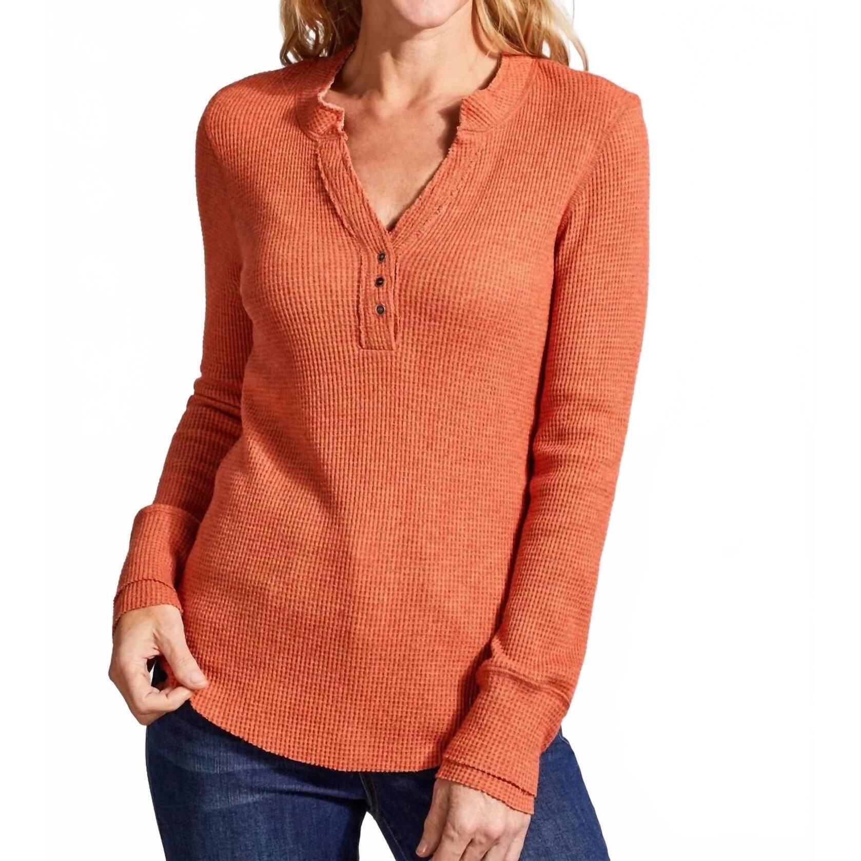 New Tribal Soft Washed Thermal Henley Top In Burnt Orange